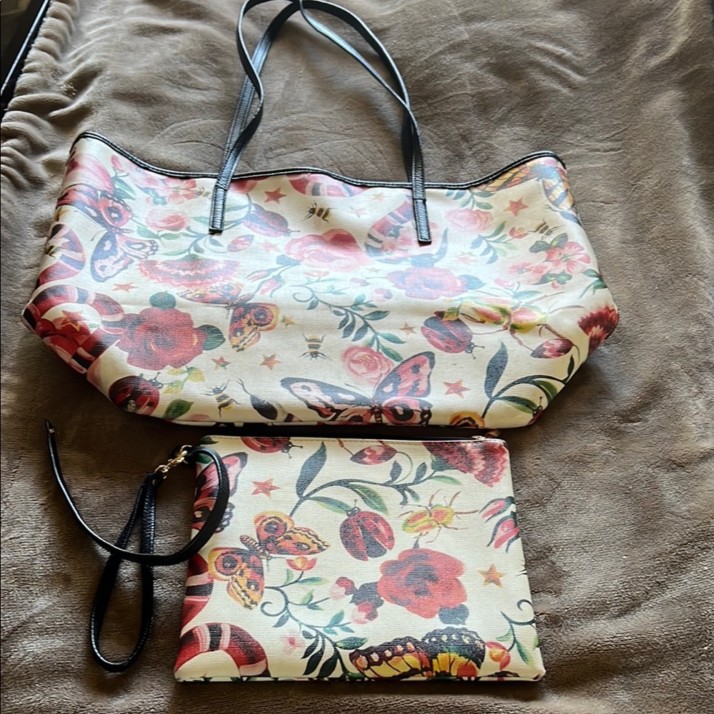 Sondra Roberts Floral Tote and Clutch Set - Red, Pink, Cream